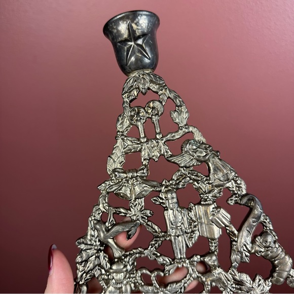 Vintage silver plate Christmas tree candle holder with ornament detail - Picture 3 of 9